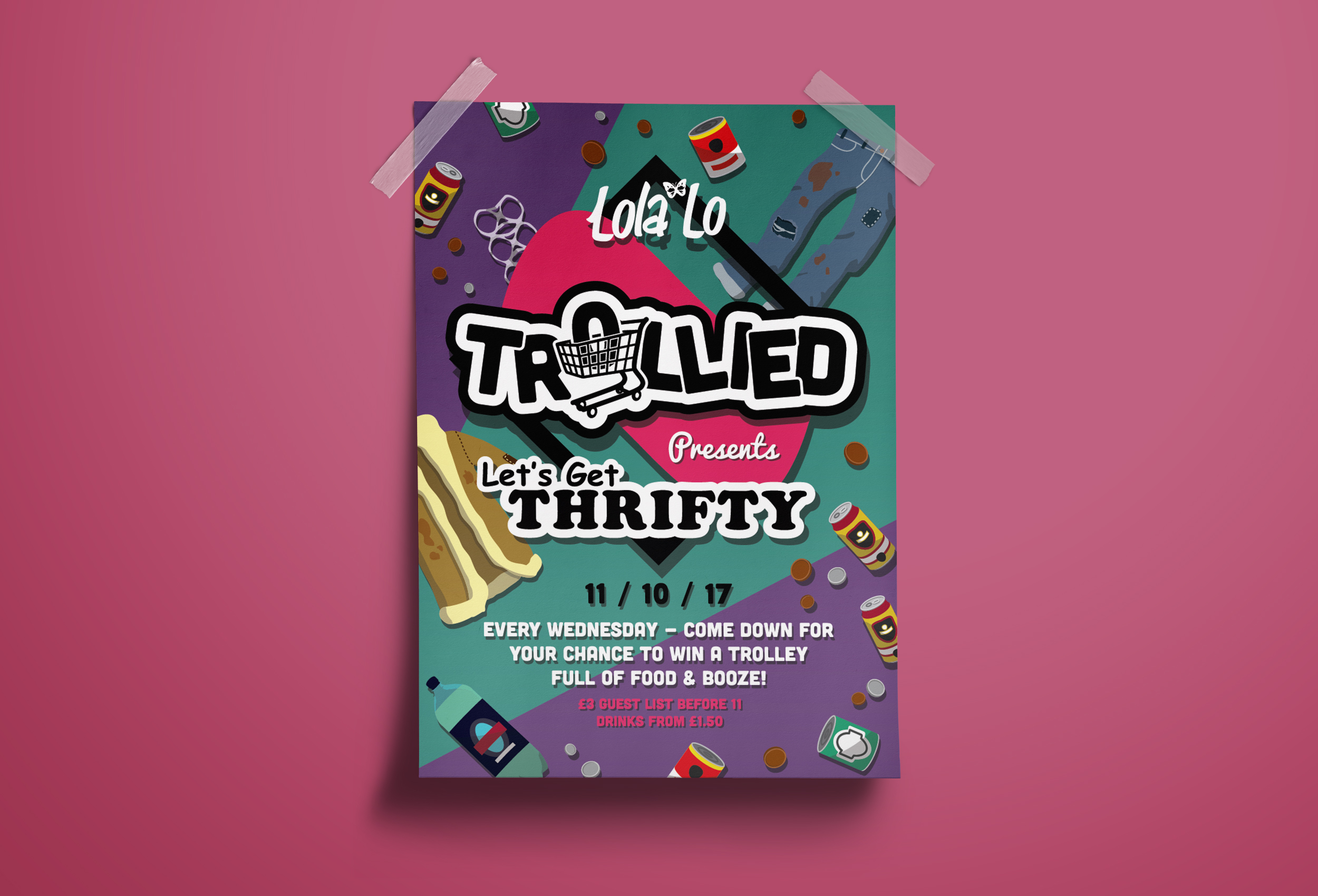 Trollied Let's Get Thrifty poster design.